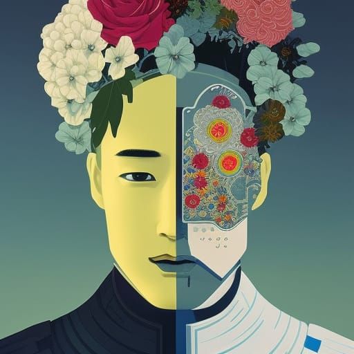 Beautiful handsome cute front portrait Robot 🤖  , herbs pas...