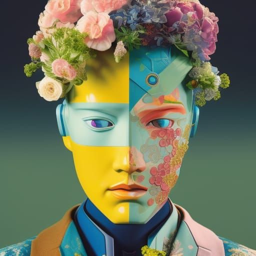 Beautiful handsome cute front portrait Robot 🤖  , herbs pas...