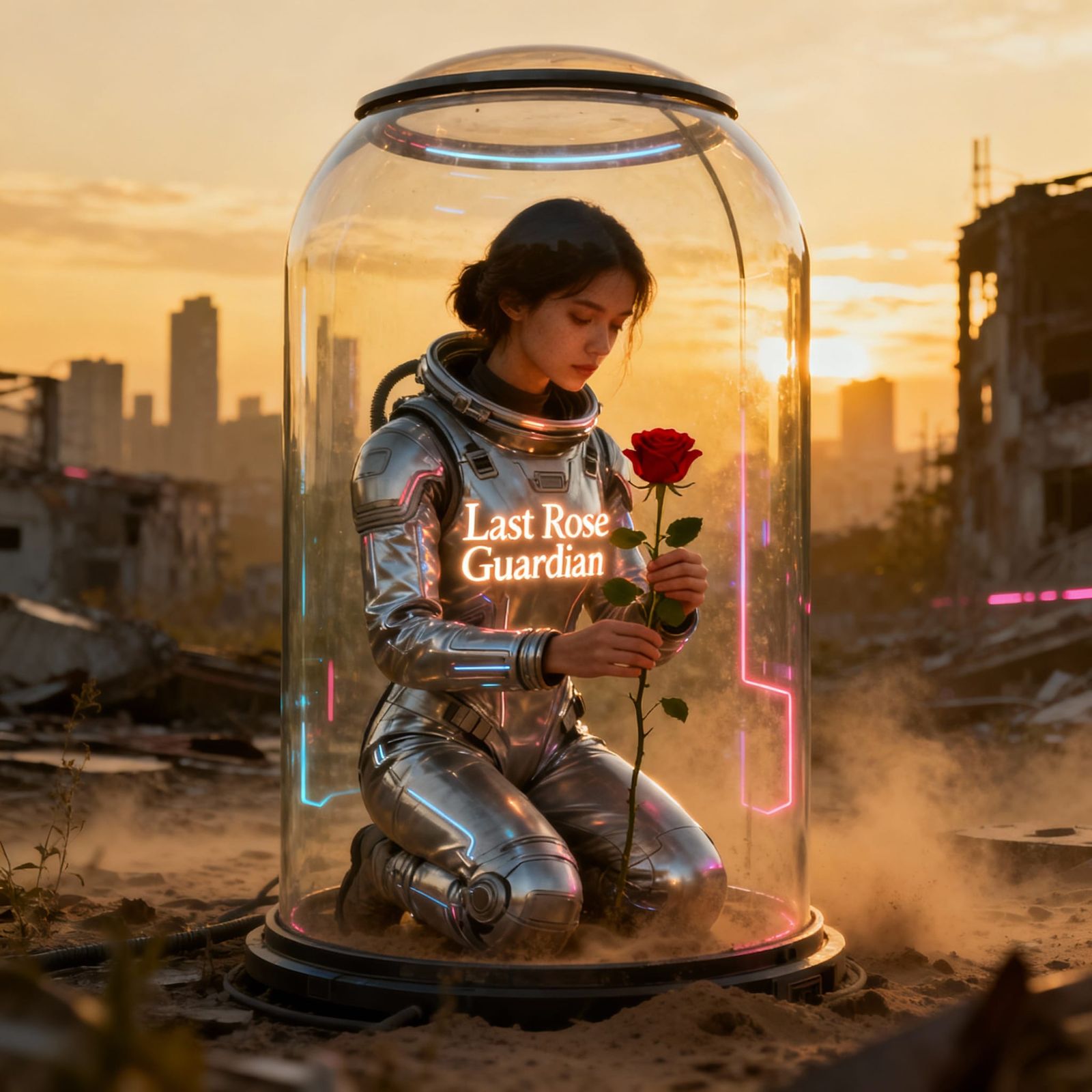 ultra-realistic cinematic scene of a young woman in a sleek futuristic silver survival suit kneeling ...  by @Deni