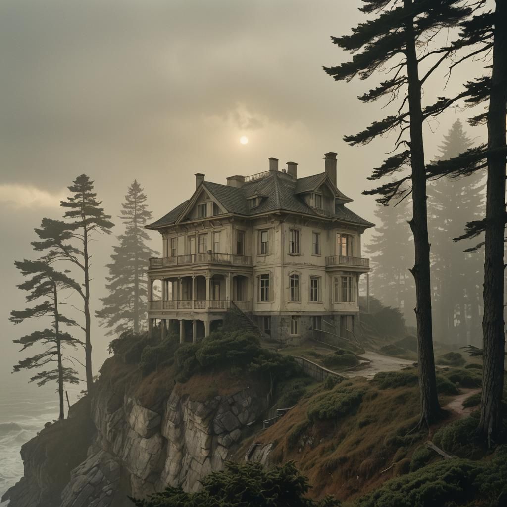 A white, decaying Liberty villa. It’s perched on a cliff abo...