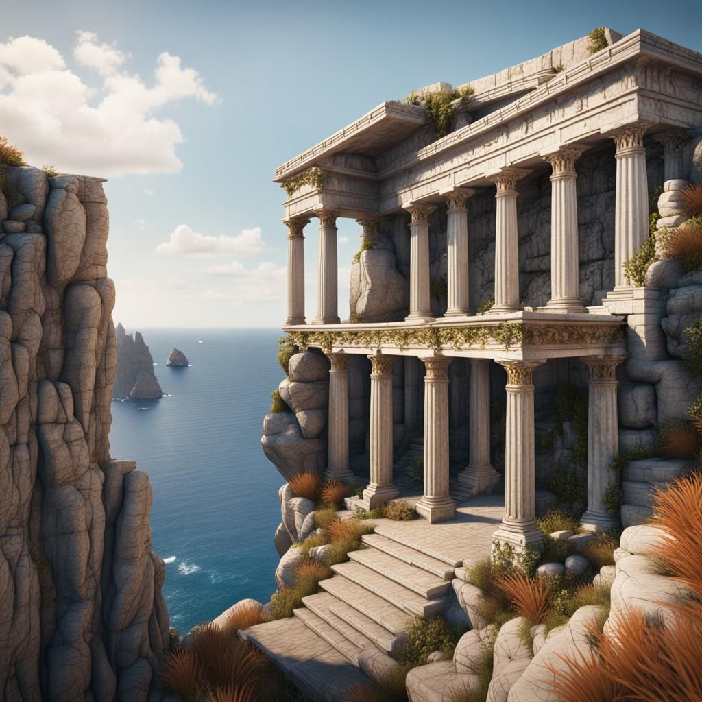 Greek Ruins Overlooking Ocean, Digital Matte Painting