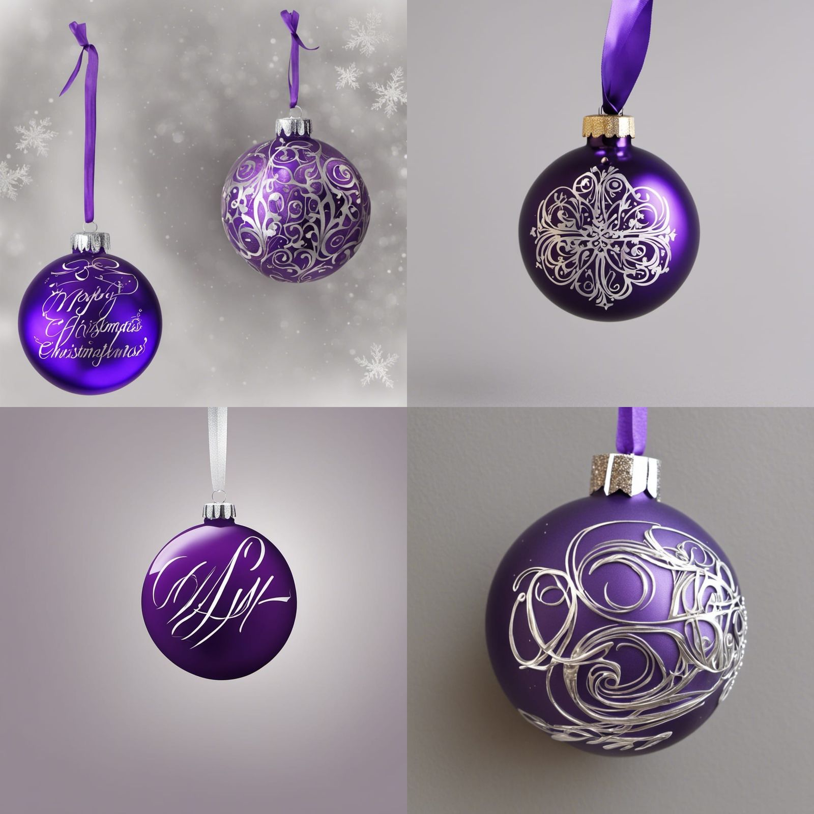 Calligraphy. Christmas ornament. Purple and silver. Round. AI