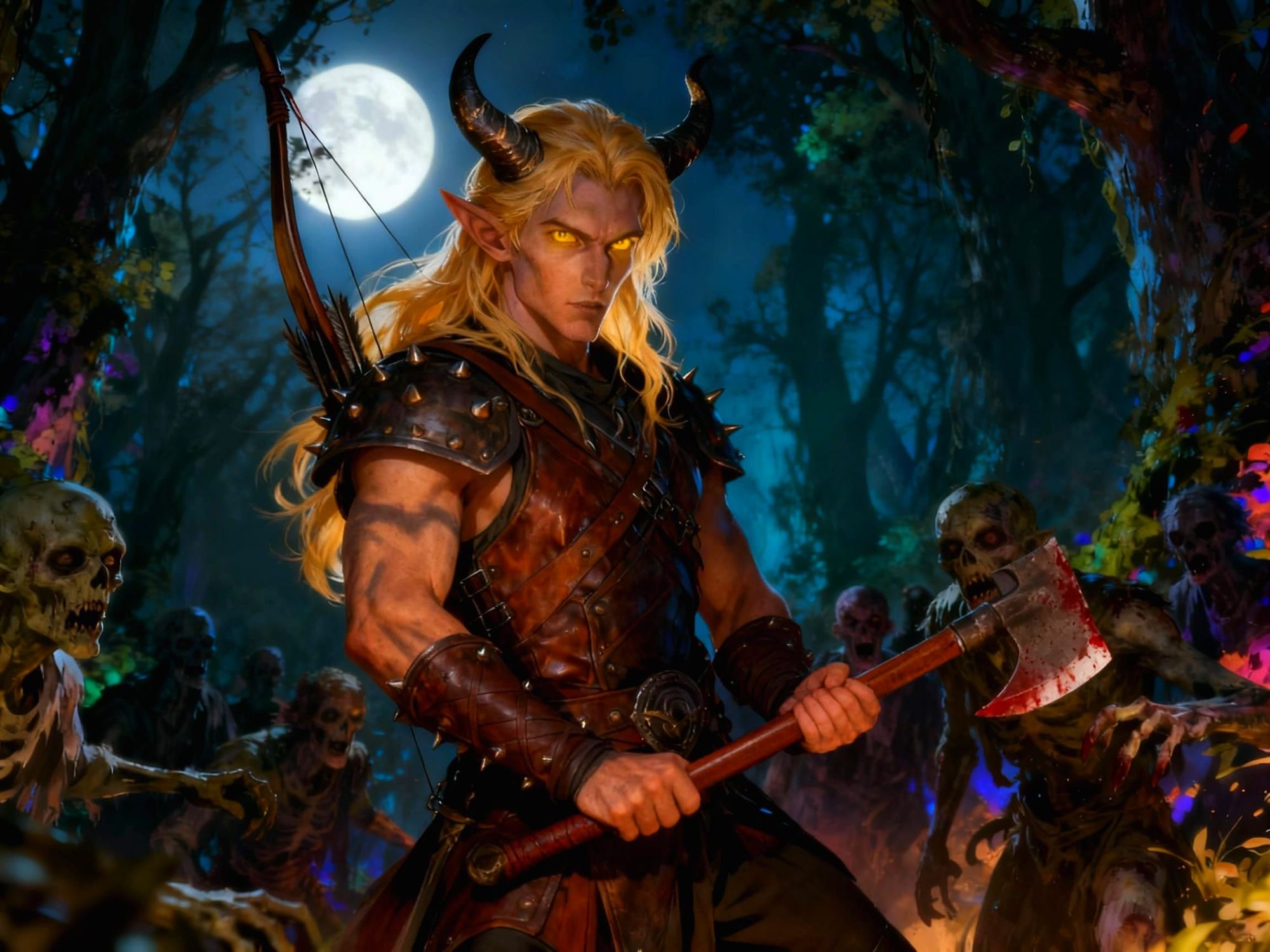 Tiefling Ranger fending off a Horde of Zombies