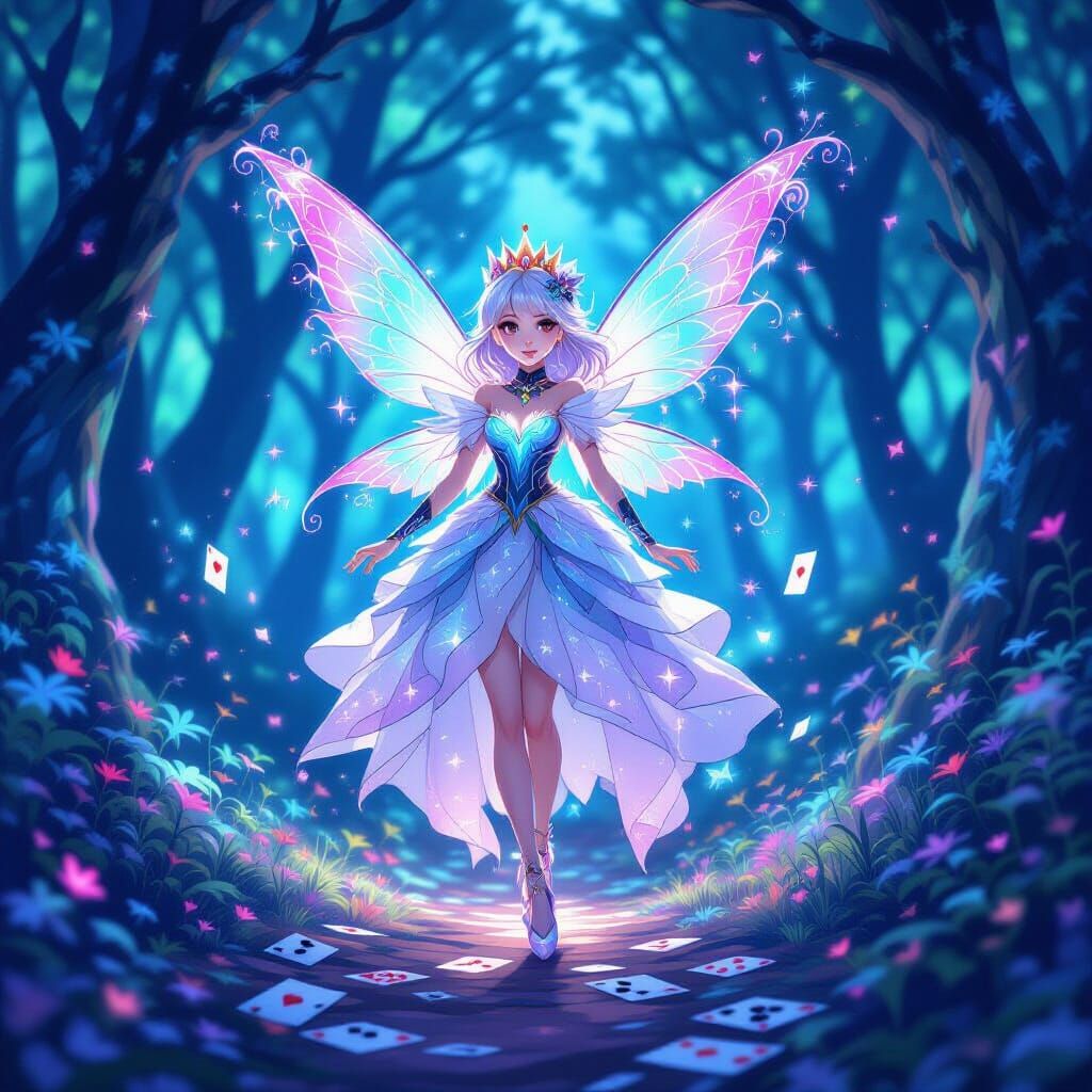 Anime style. A tiny fairy, depicted as the Queen of Hearts, floats gracefully amidst a vibrant, bioluminescent forest. Her gown is woven fro...