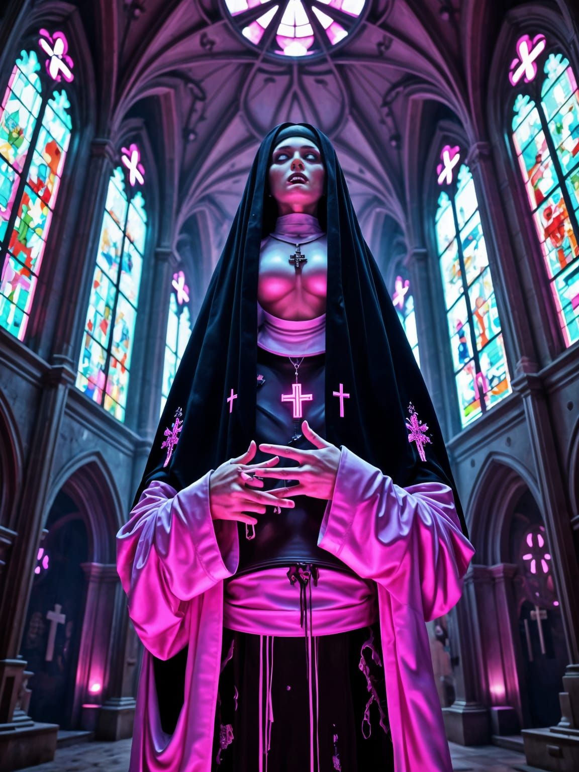 A spectral gothic cyborg voluptuous nun stands amidst a desolate, neon-lit gothic cathedral with stained glass, her face a shifting mosaic o...