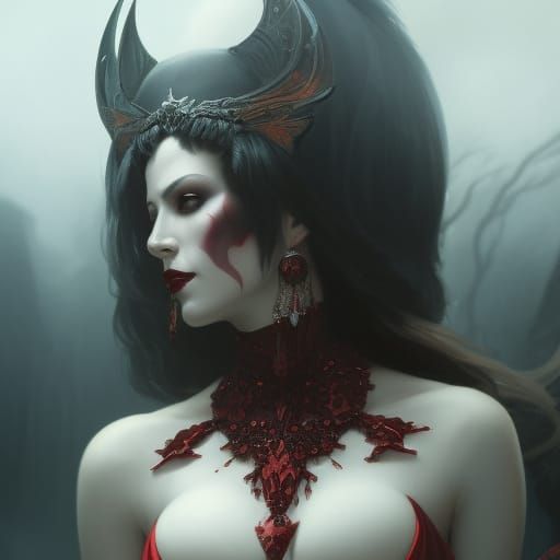 Dark fantasy sinister vampiric lich in a red dress, head and...