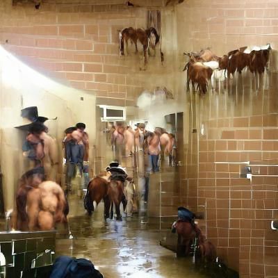 18 naked cowboys in the showers at Ram Ranch