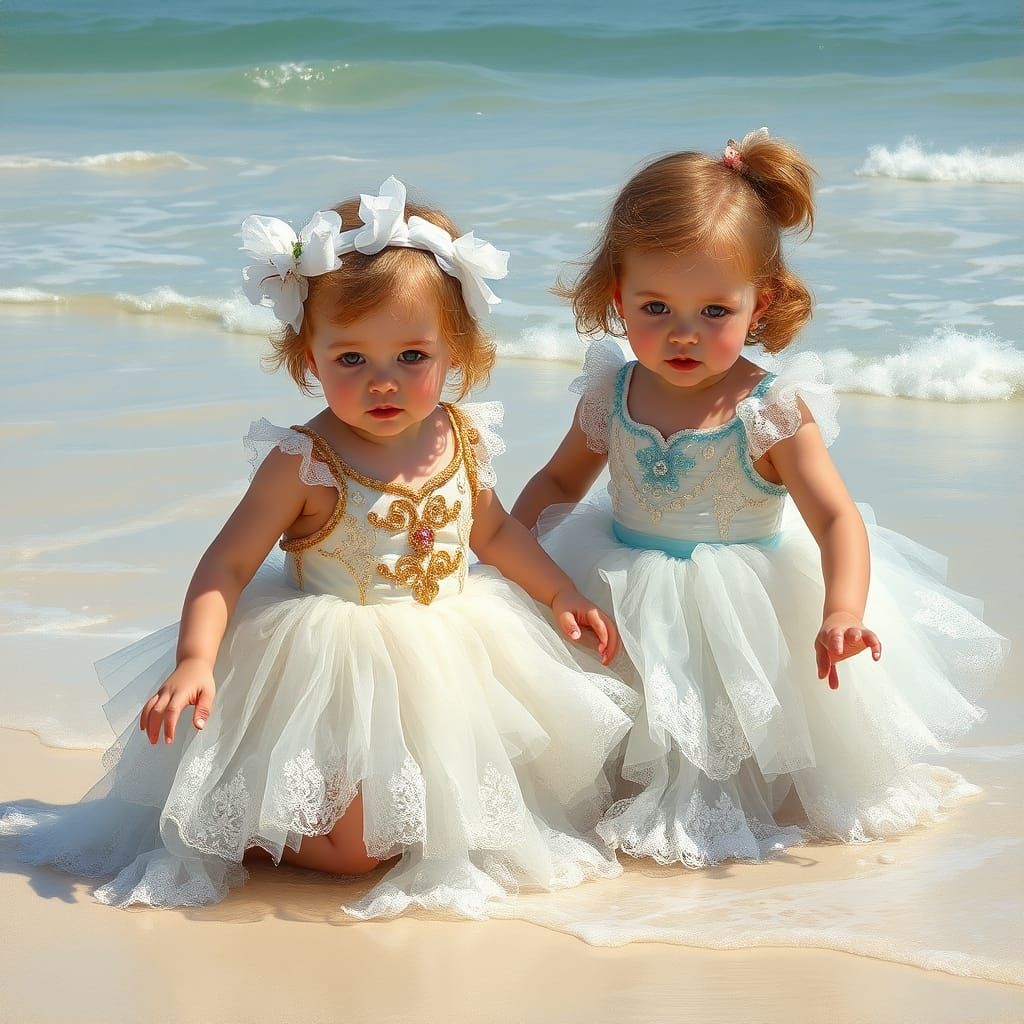 Toddler Girls Playing on Beach in Impressionistic Style