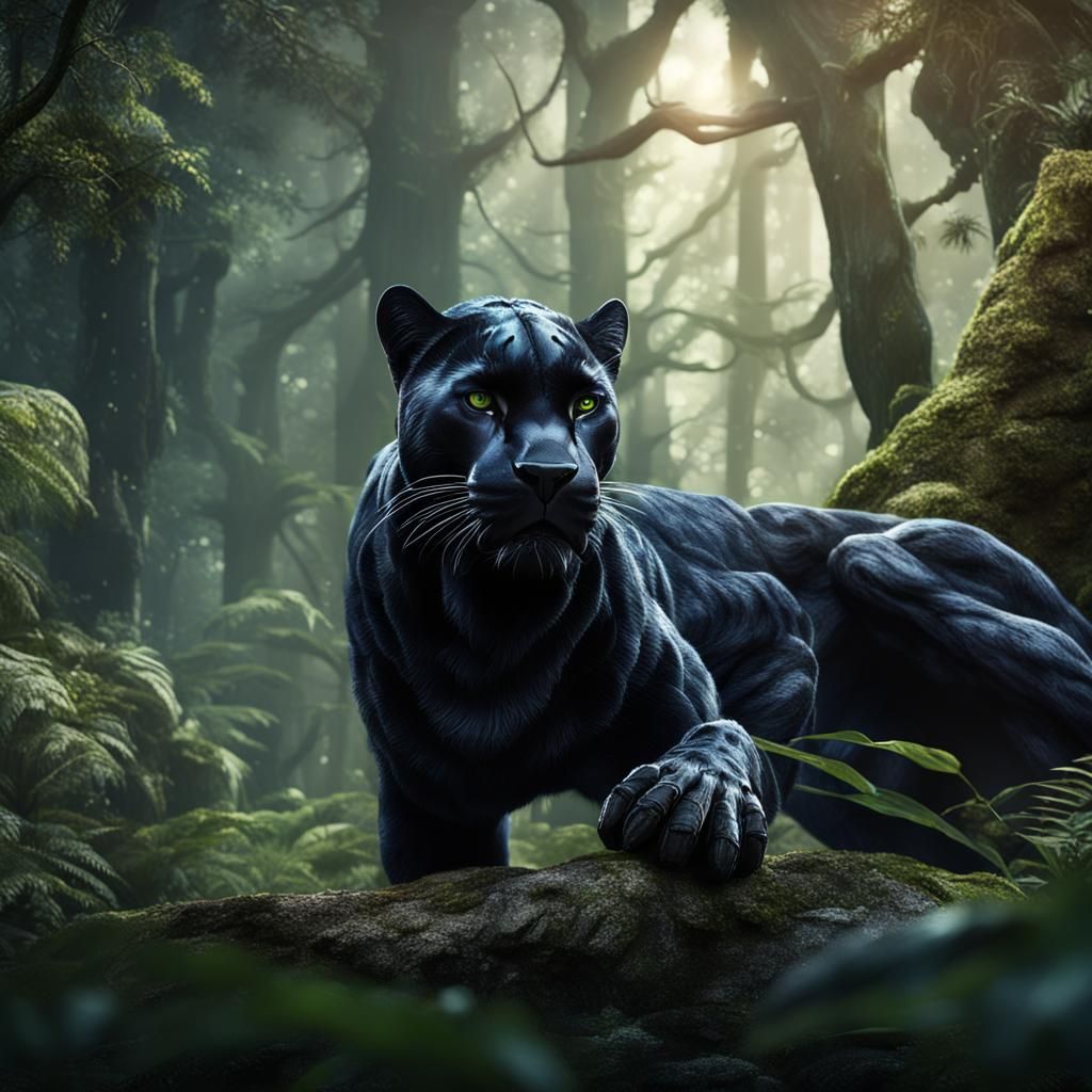 black panther in deep forest watching at cam aggressively