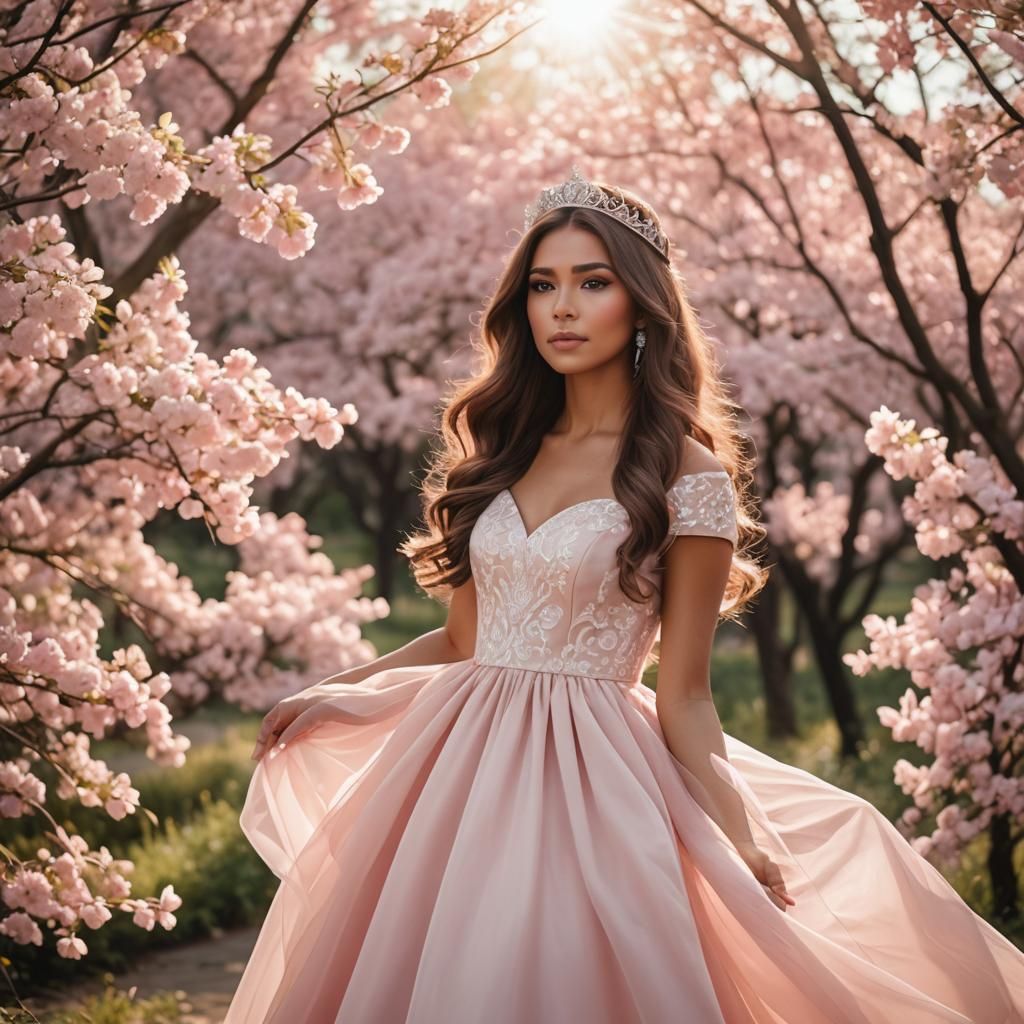 Girl with long brown hair and tan skin wearing princess dres...