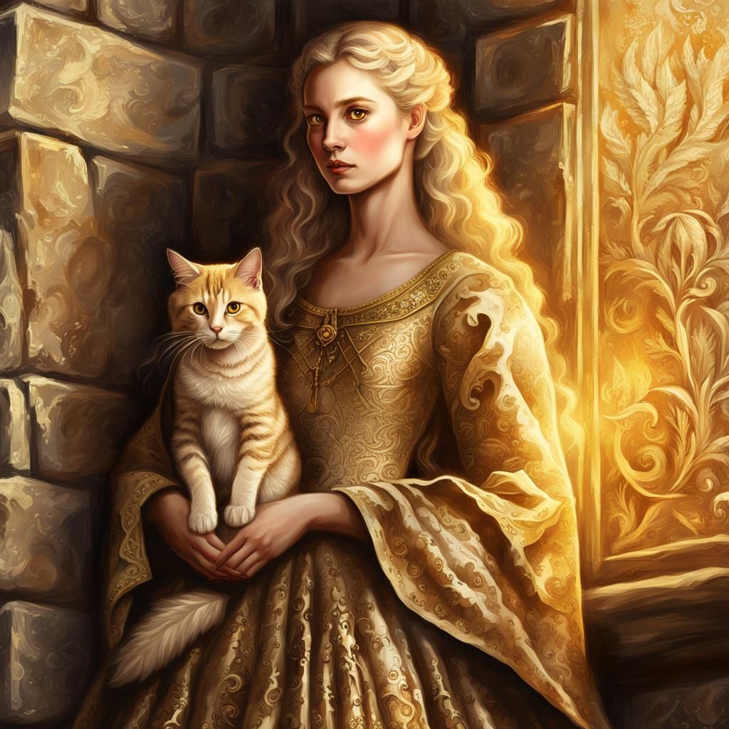 Blonde Kriemhild with very long ringlets hair dressed in middleage fashion,with golden british short hair cat.
