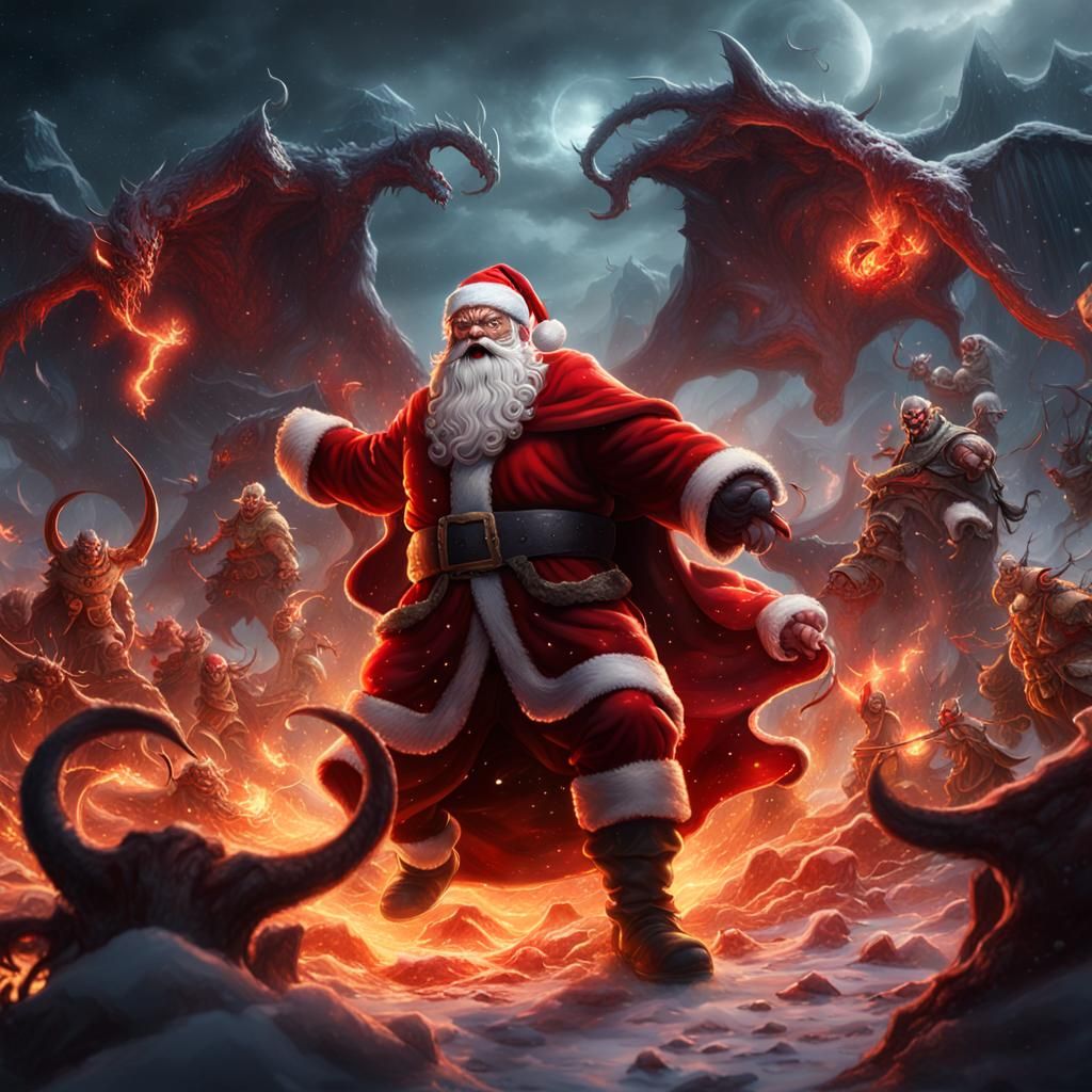 Santa Claus battling a demon from hell