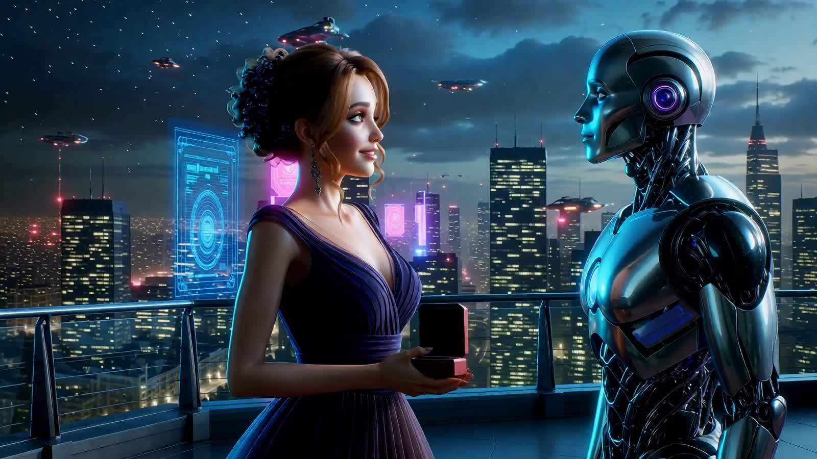 4k, 3D, high quality animation. A human female (late 20s to late 30s, elegant formalwear with subtle smart-fabric detail...