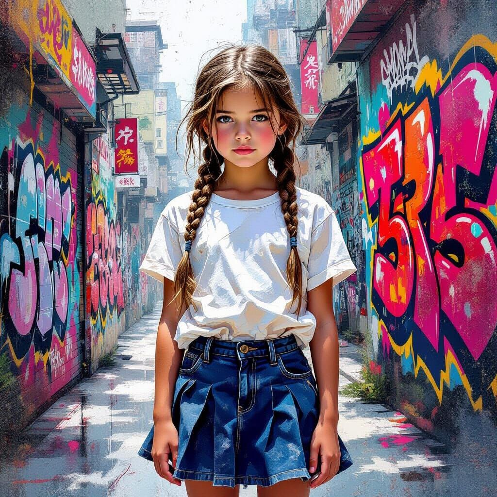 Girl in Urban Setting with Graffiti Art, Splash Art Style