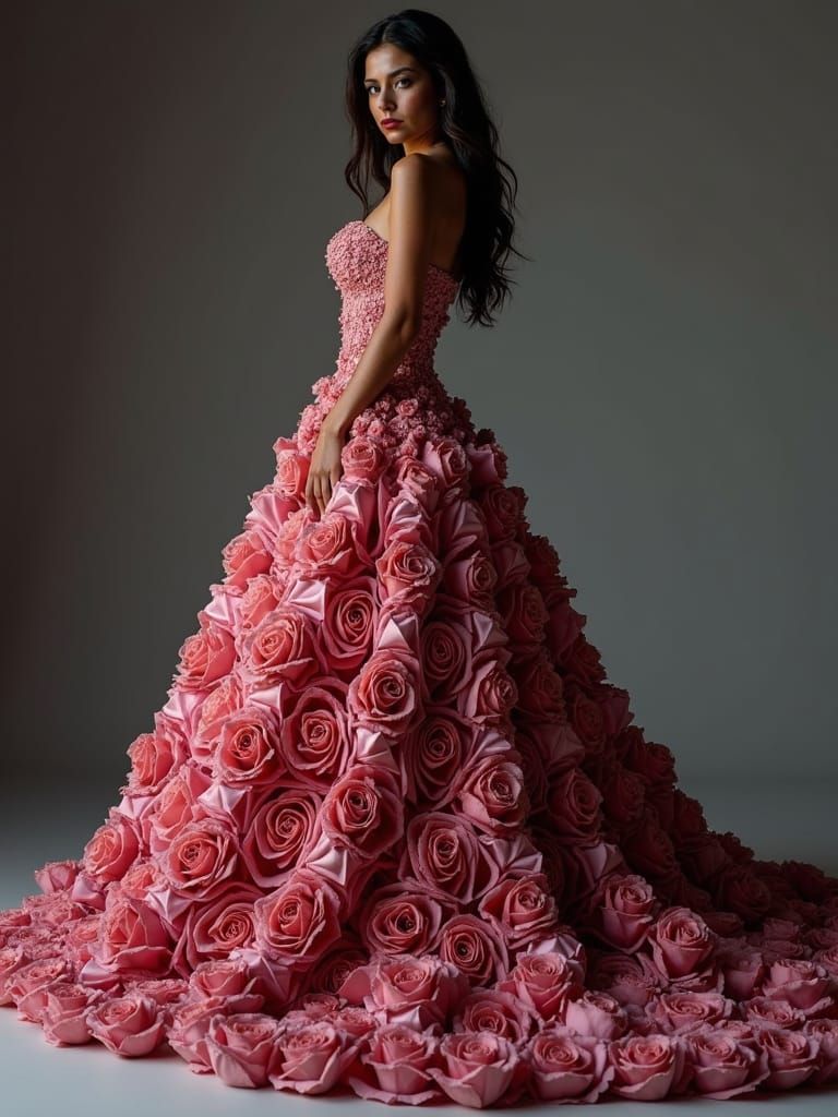A full body photorealistic beautiful dress made entirely of roses with rose texture, rose patterns and the colors are black and pink, worn...
