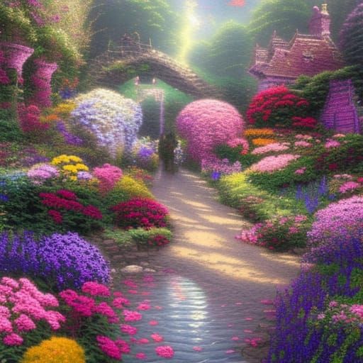 Beautiful Flower Garden With Arched Footbridge - AI Generated Artwork ...