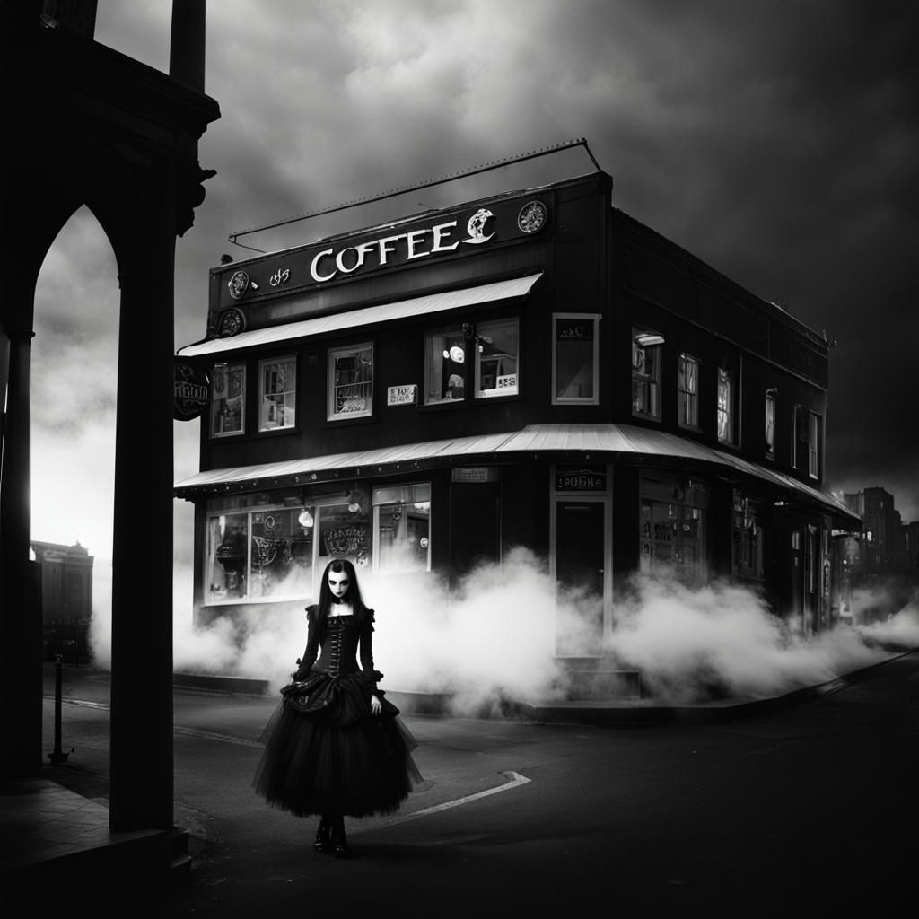female goth fashion model. goth coffee shop.