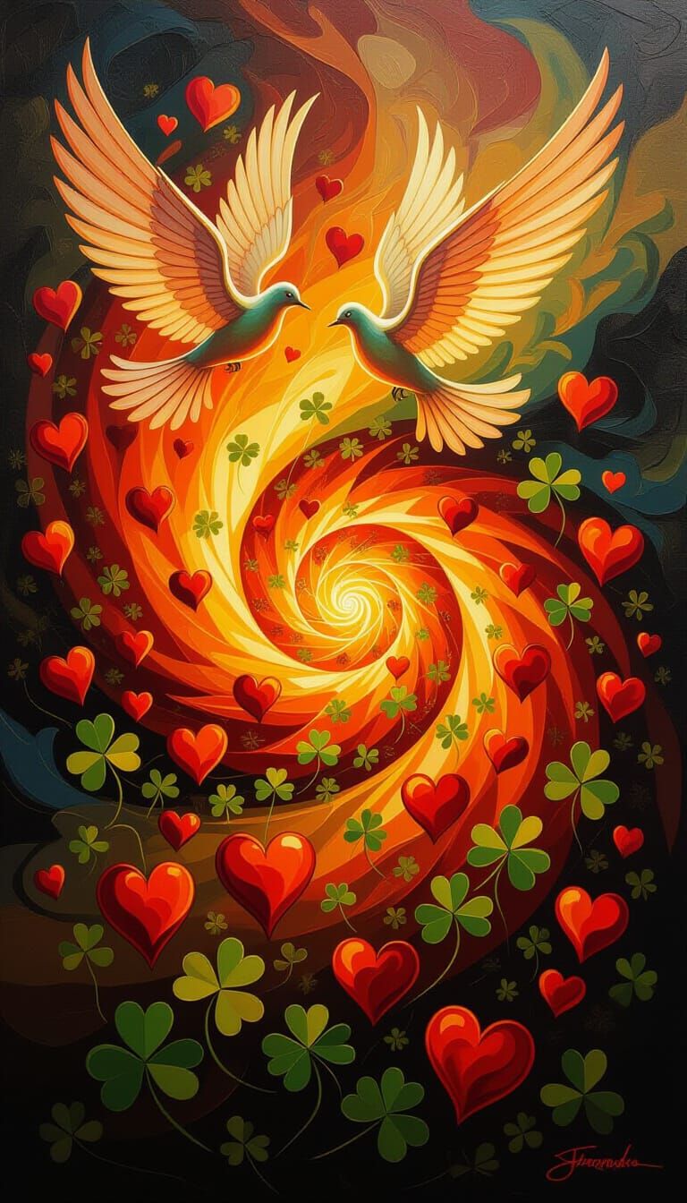 Fiery Hearts and Wings with Clovers in Oil Painting Style