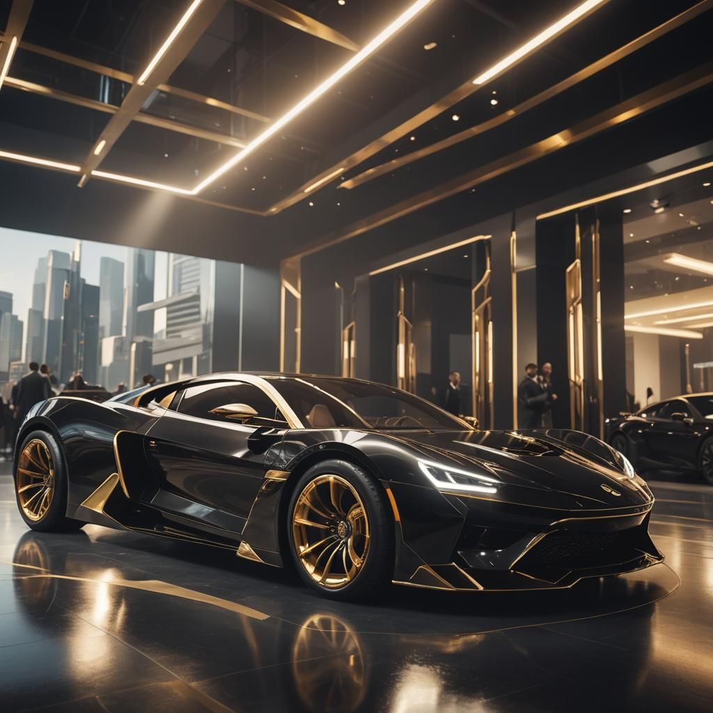 A sleek (((black futuristic sport car))), with a surface that reflects a (((gold and black color scheme))), ...  by @Wildstorm