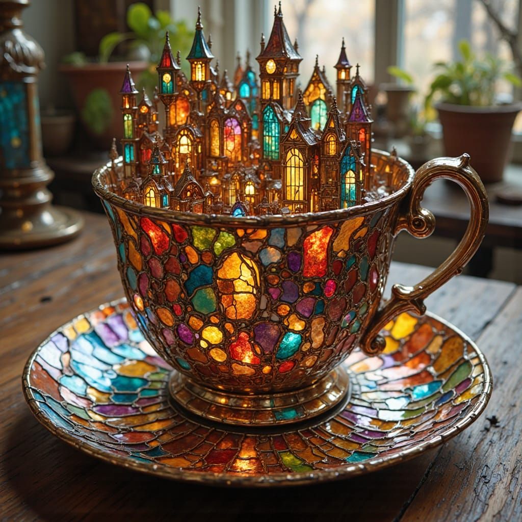 4d living stained glass crinkled metallics ;  A small model town built inside a 17th century tea cup <lora:Dimensional Stain:1.0>