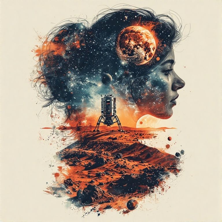 Double exposure Mars landing tattoo sheet on model.