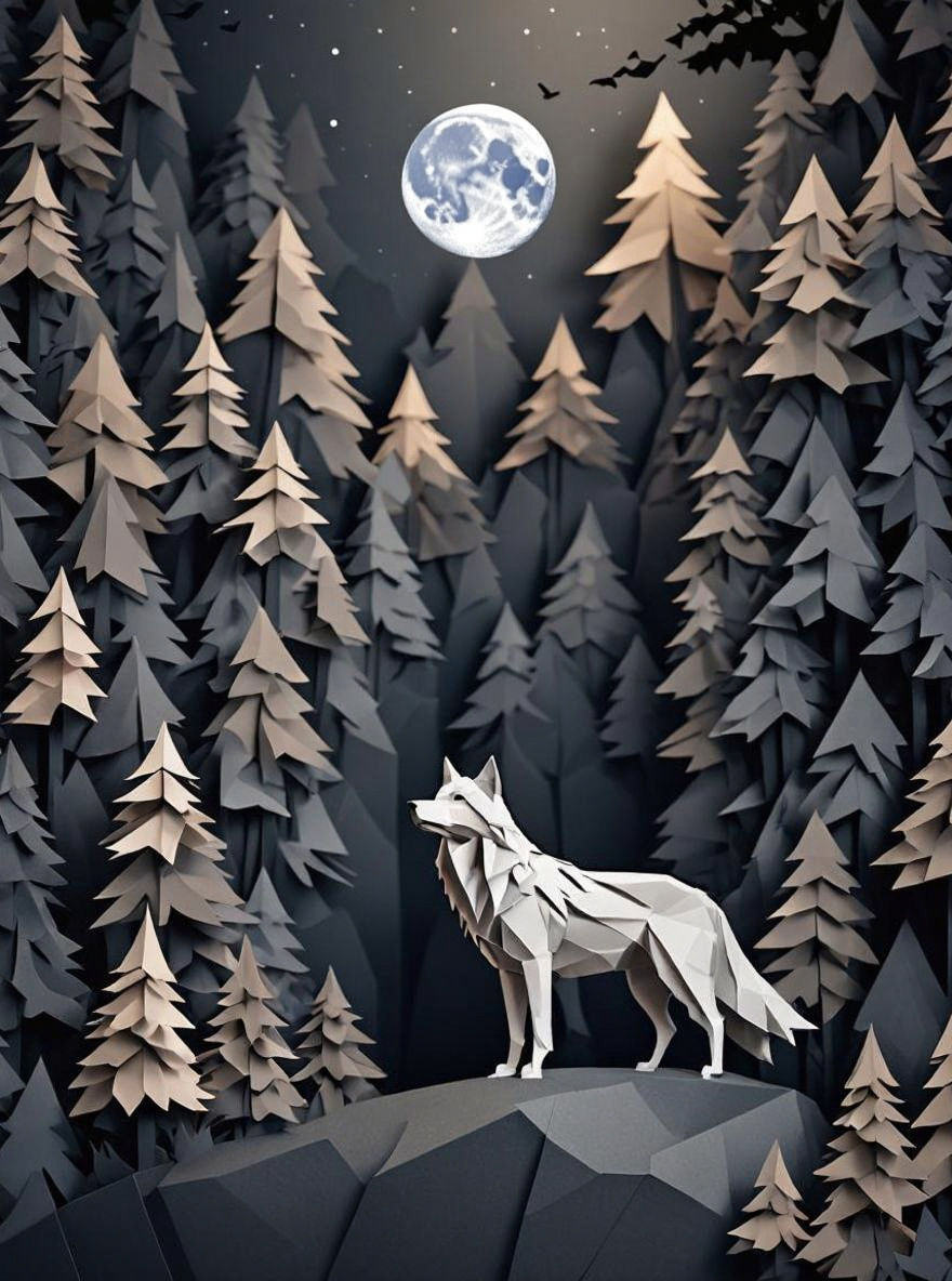 An origami wolf standing and looking off into the distance  by @osarksnerf