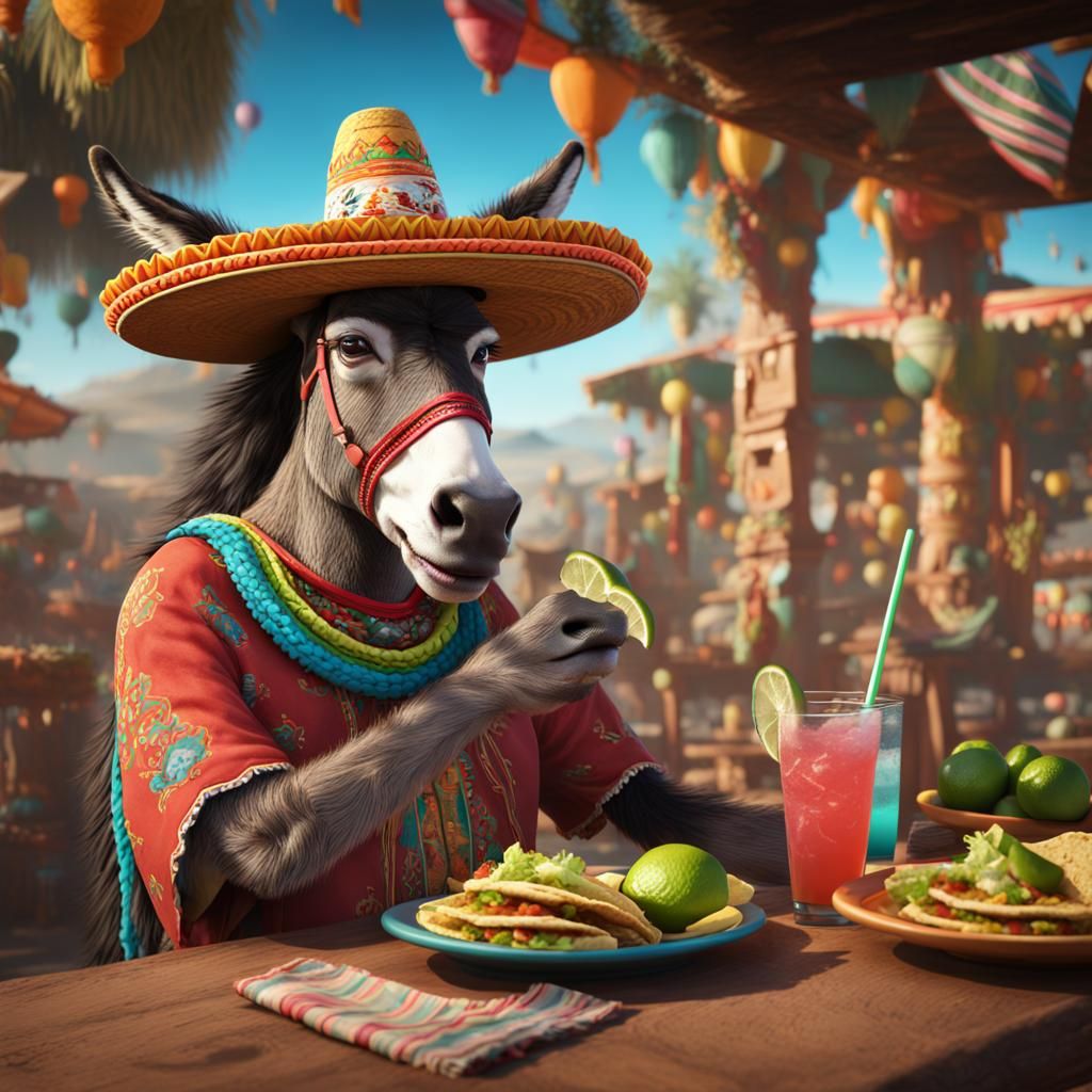 A donkey  wearing a Sombrero holding a taco and drinking margaritas  by @Chet