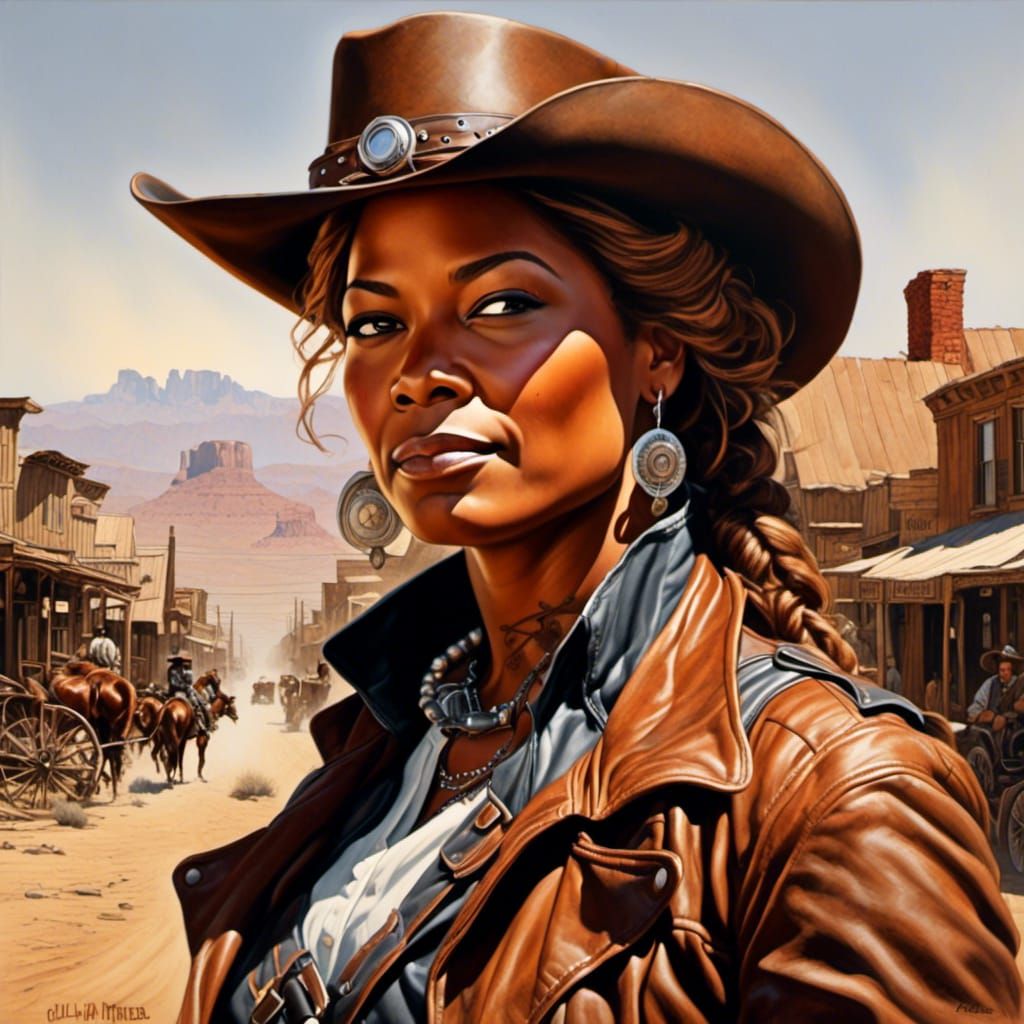 Head and shoulders portrait of gunfighter Queen Latifah on a...