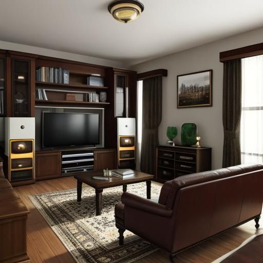 Vintage living room with a stereo console and tube tv, best quality