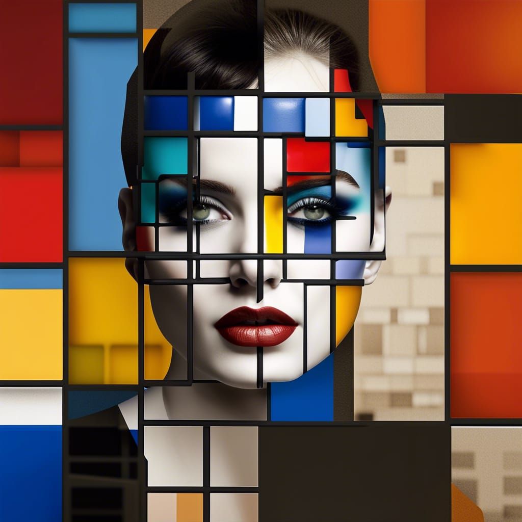 beautiful_woman - portrait_with_cracked_surface - overlay_of_white_and_colorful_squares_in_the_style_of_mondrian