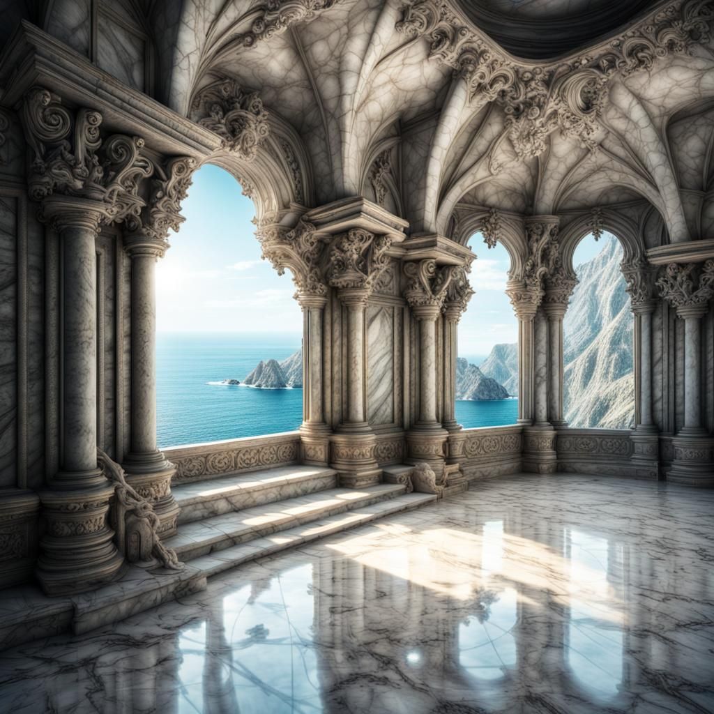 fantasy marble castle interior by sea