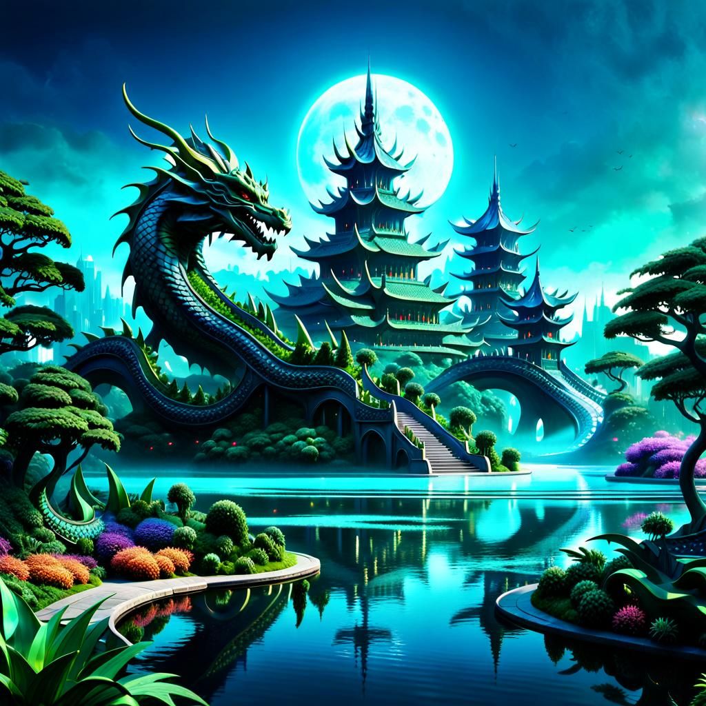 A funcional and factible design of a buildings complex with the shape of a dragon. Futuristic elements, sci-fi concept art, mixed media, gla...