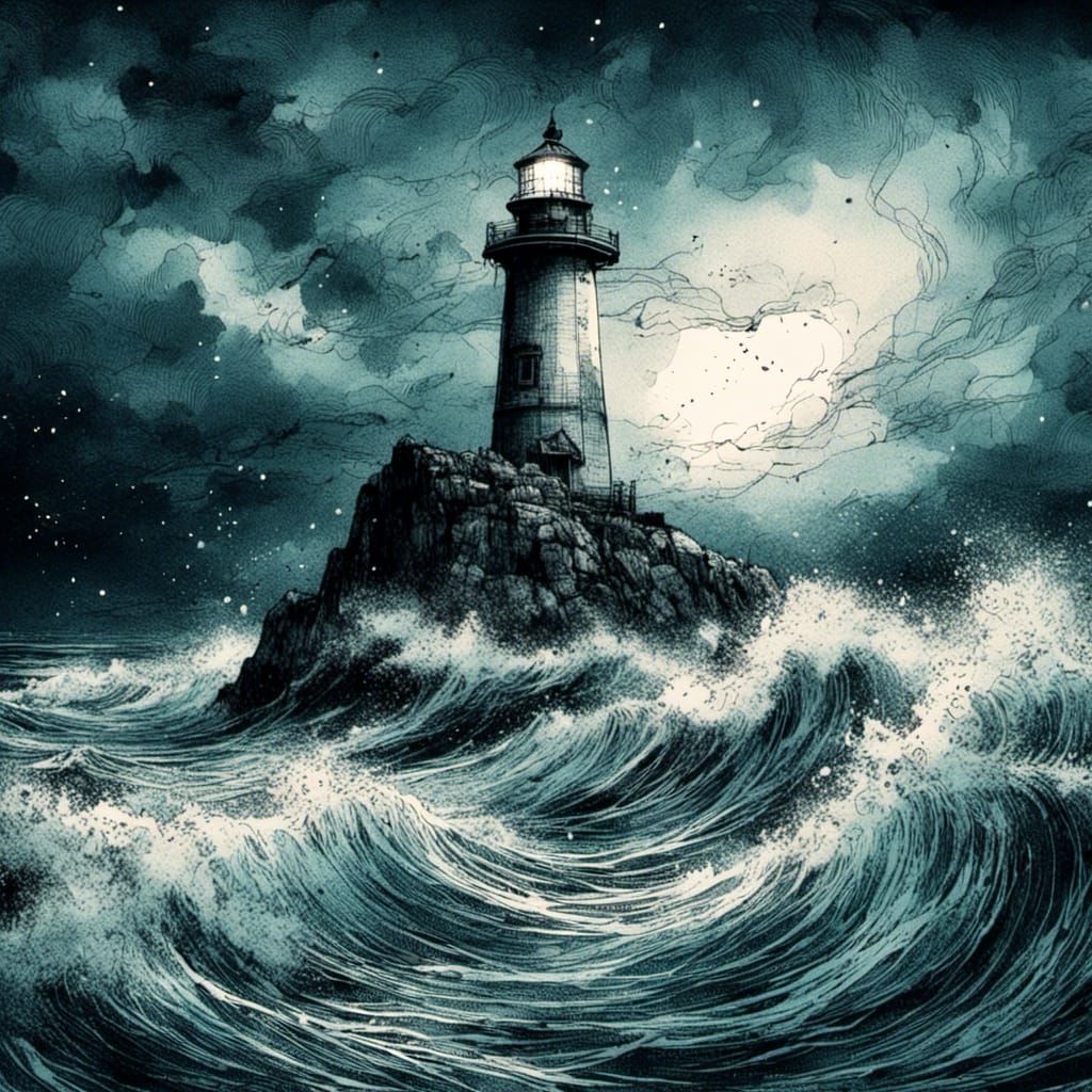 <lora:HRH-moody-ink:1.0> hyper detailed, ink and watercolour, a moody shot of a lighthouse flashing in a storm at midnight, high definition,...
