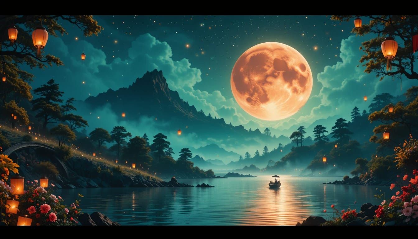 Magic Glowing Moon at the Lake