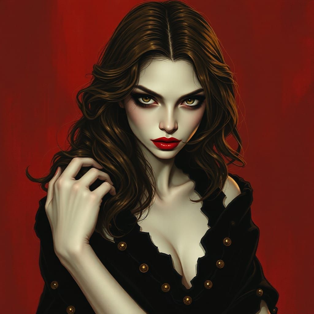 Sur un fond rouge clair, une très belle femme vampire gothiq...