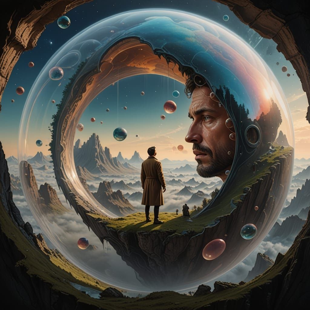 A man is trapped inside a collosal glad bubble, peering out the bubble to a surreal planet