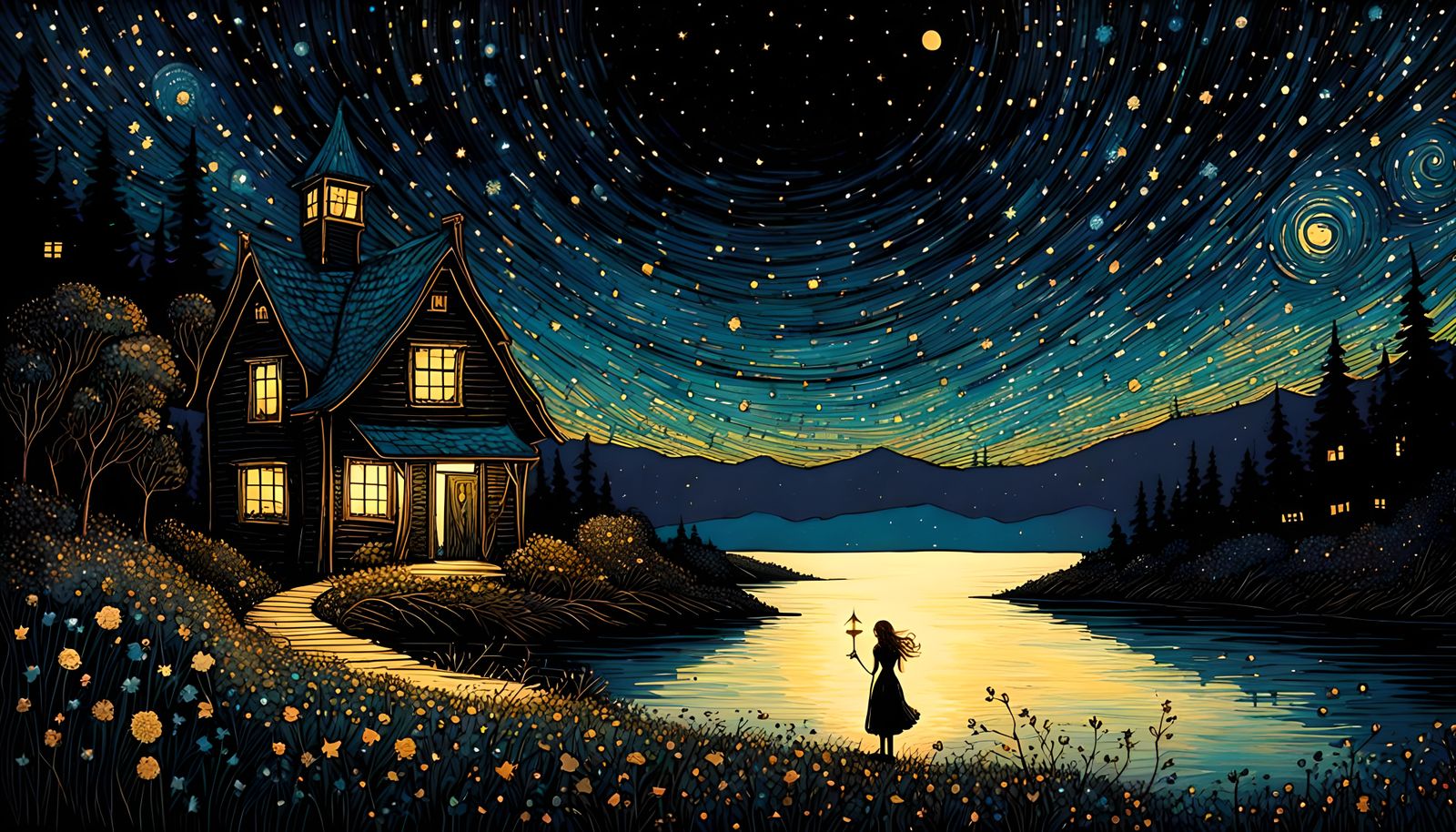 Fairy of the night, black black sky, bright bright stars, by...