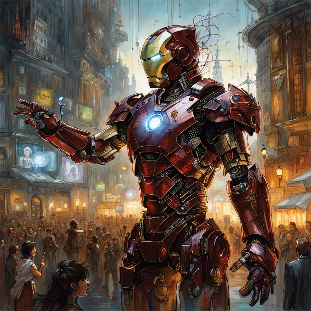 Iron Man Conducts Orchestra in Cyberpunk Cityscape
