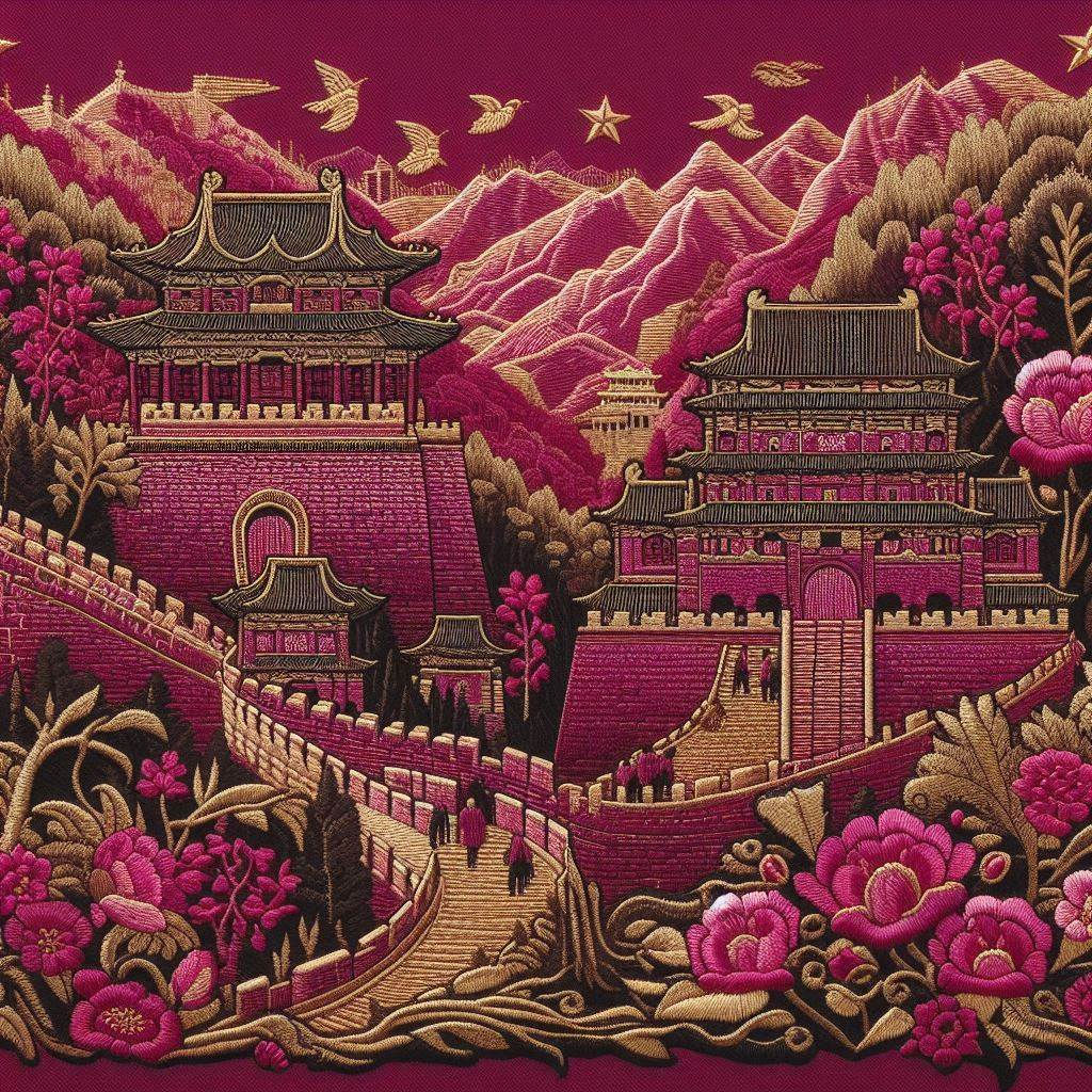 Deep Burgundy Embroidery of a Chinese Landscape