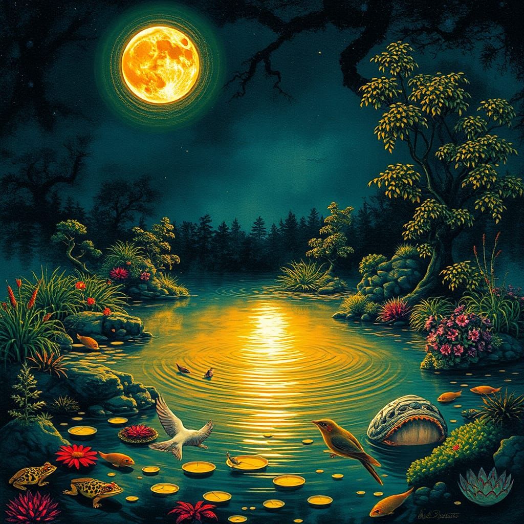 Ethereal Amber Moonlit Pond in Intricately Detailed Ink Spla...