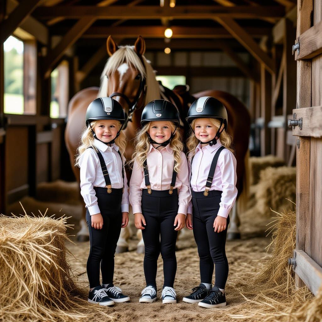 Children with Horse in Stable, Whimsical Illustration