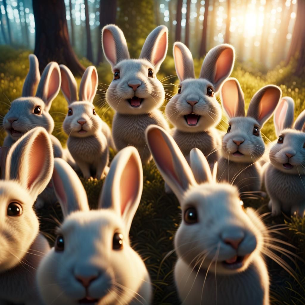 lots of rabbits taking a selfie while smiling and having fun, wide ...
