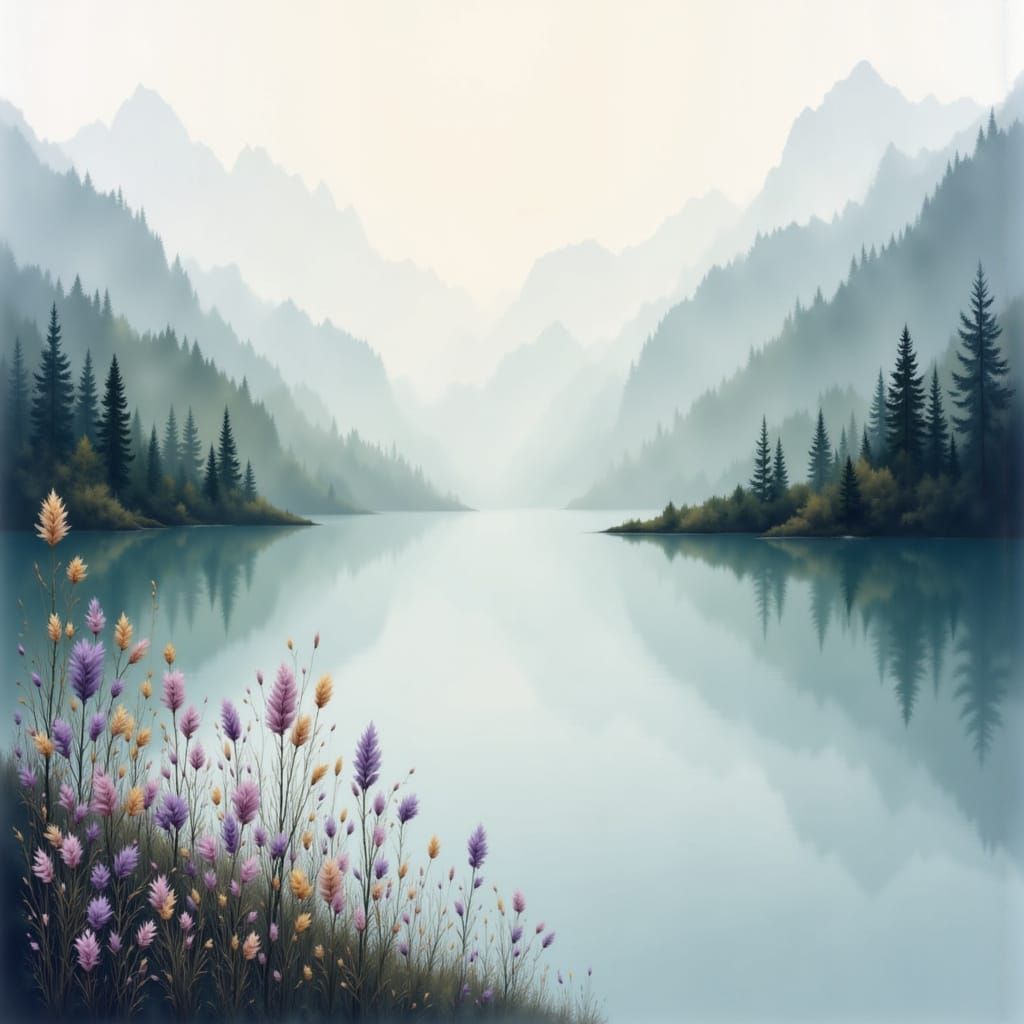 <lora:Lichen:1.0> Misty mountain lake landscape with a floral focus, rendered in a minimalist abstract style. The scene evokes a sense of tr...