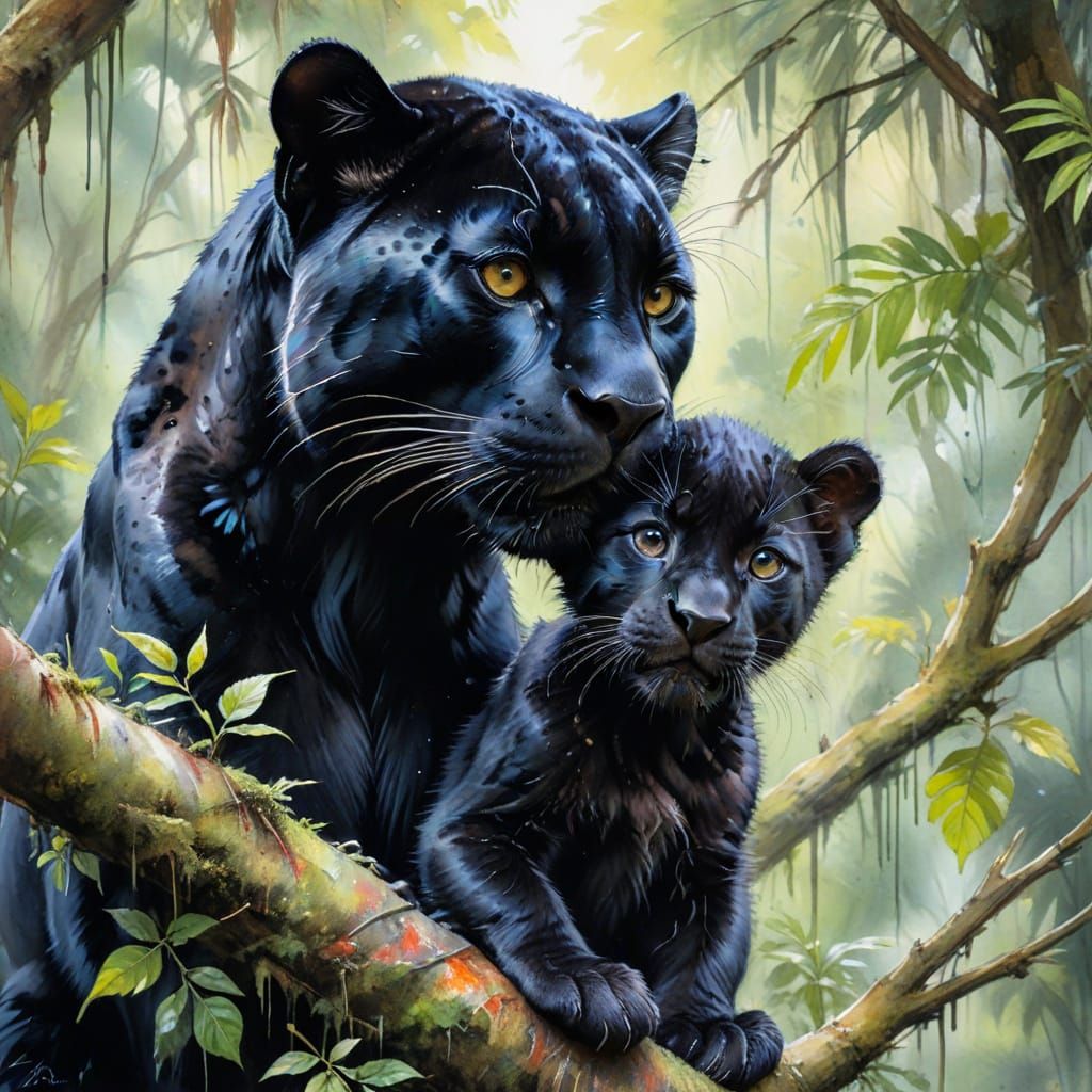 Heartwarming close up portrait of a mother black panther and her cute fluffy Adorable cub clinging on ...  by @Rhaem