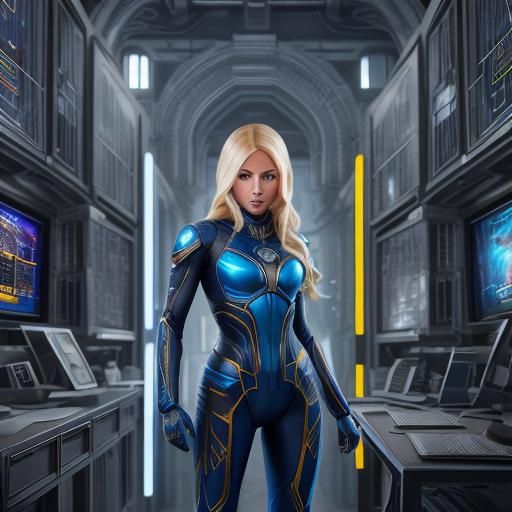 Blonde bombshell, blue eyes in skin tight computer circuit suit standing full length
