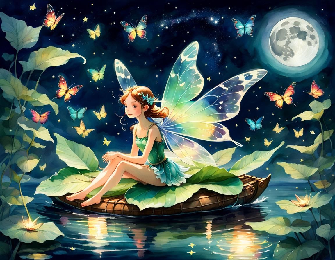 "magical nighttime scene featuring a delicate fairy with tra...