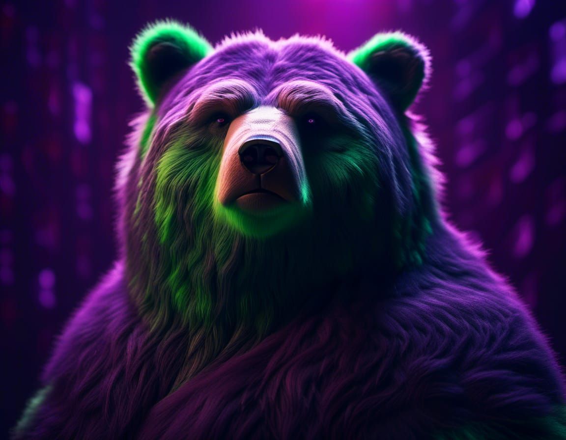 "cute adorable fluffy purple and green Serious Obese Bear, portrait epic cinematography shot on Nikon D780, dark fur, color grading, atmosph...