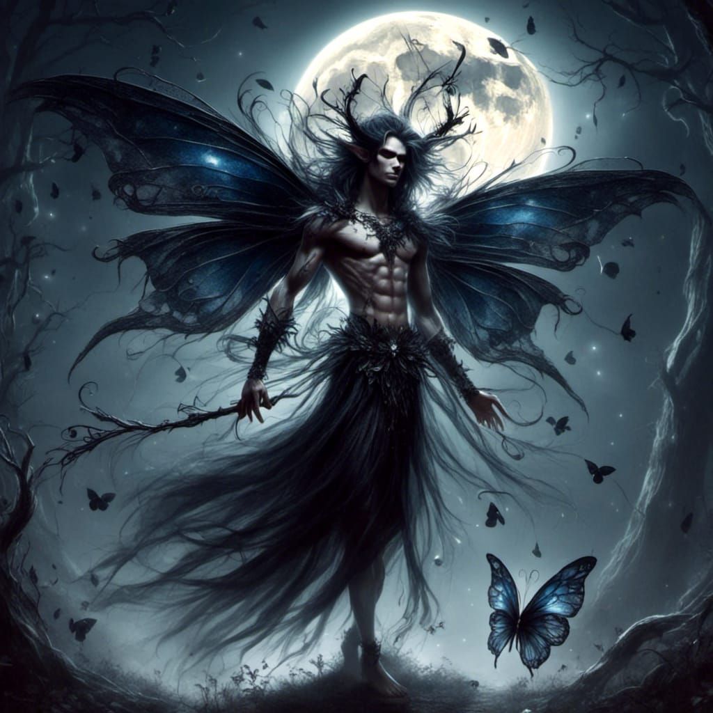 male dark fairy, in front of the full moon <lora:BeautifulFairies:1.0> 