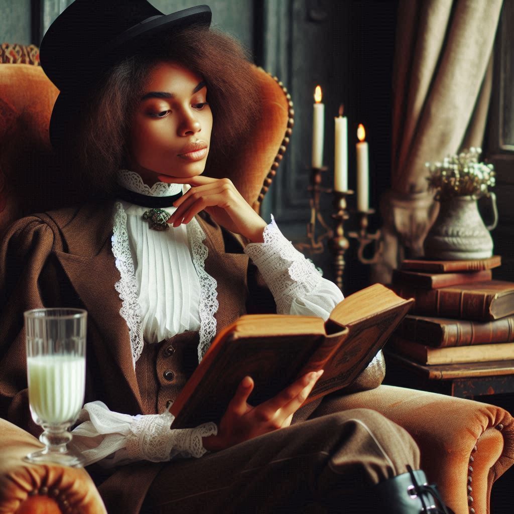 an attractive Dickensian era woman sitting in an armchair reading