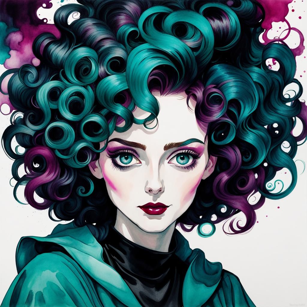 style of Egon Schiele a girl, curly hair, Witch Craft, microcosm metaphor, obscure